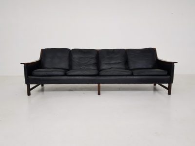 Black Leather and Rosewood “Minerva” 4-Seat Sofa by Tørbjorn Afdal for Bruksbo 1950s