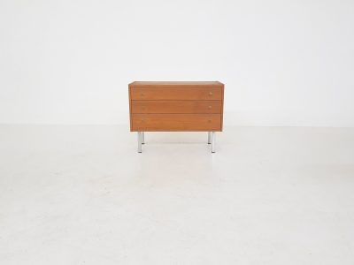 Teak chest of drawers with metal feet and handles
