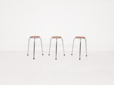 Set of 3 chrome stools with cognac leather seating, 1960's