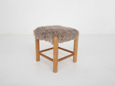 Mid-century wooden stool with fake-fur upholstery, Denmark 1960's